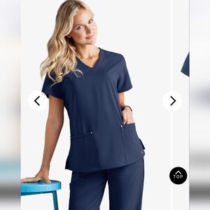 Easy STRETCH Buttery-soft Scrub Top Uniform Lina Mitered Pocket V-Neck Navy NWOT